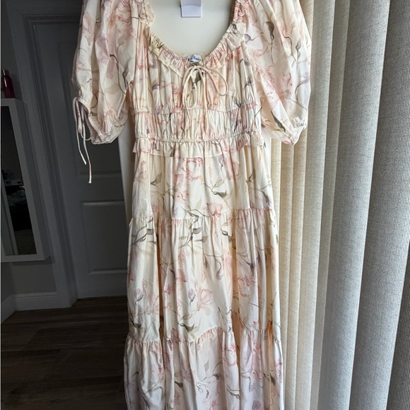 En Saison Dresses & Skirts - En Saison Cream Floral Smocked Tie-Front Midi Dress with Peach and Olive Accents